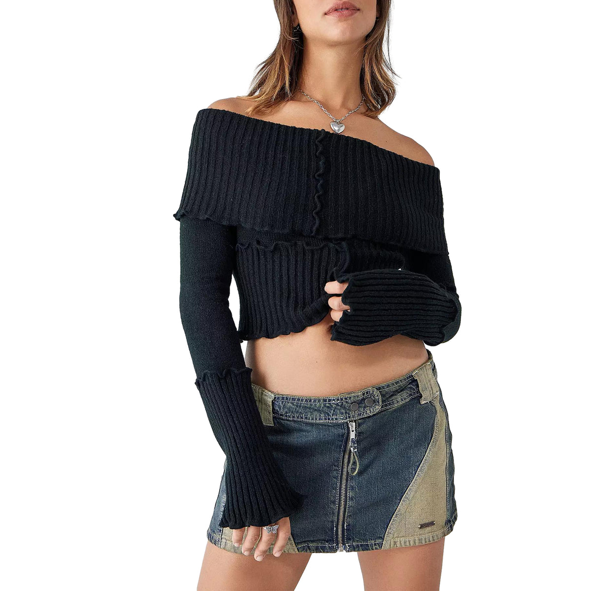 thanksgiving outfit JazzHer Women s Off-Shoulder Cropped Tops Ribbed Knit Long Sleeve Lettuce Edge Trims Sweater Slim Fitted Y2K Knitwear