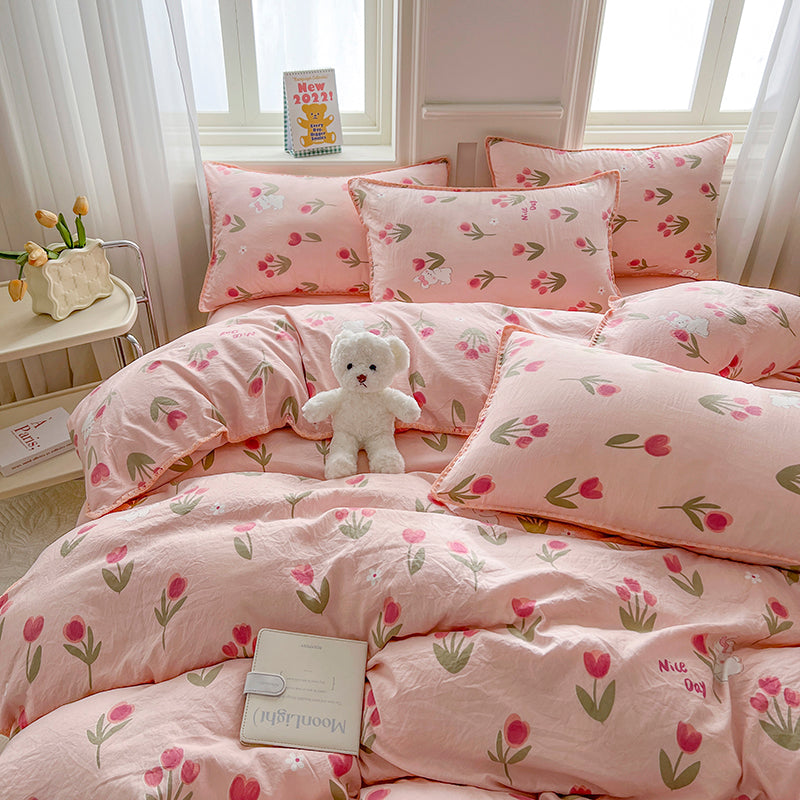 JazzHer Pink Tulip Double Layer Yarn Quilt Cover Bed Sheet Pillowcase Twin Queen Size Bedding Set Girls Women Duvet Cover Set No Filler