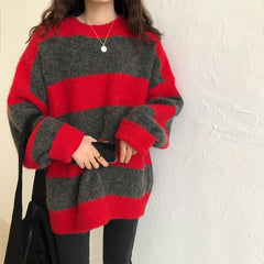 sweater Women's Knitwear Autumn and Winter New Lazy Style Contrast Color Striped Loose round Neck Long Sleeve Sweater Early Autumn Top