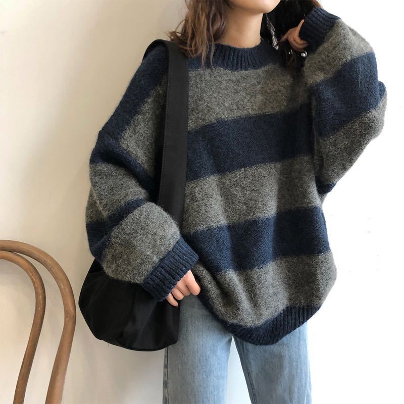 sweater Women's Knitwear Autumn and Winter New Lazy Style Contrast Color Striped Loose round Neck Long Sleeve Sweater Early Autumn Top