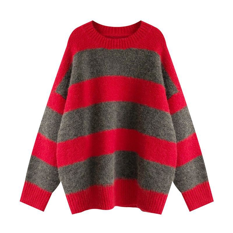 sweater Women's Knitwear Autumn and Winter New Lazy Style Contrast Color Striped Loose round Neck Long Sleeve Sweater Early Autumn Top