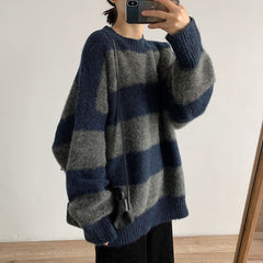 sweater Women's Knitwear Autumn and Winter New Lazy Style Contrast Color Striped Loose round Neck Long Sleeve Sweater Early Autumn Top