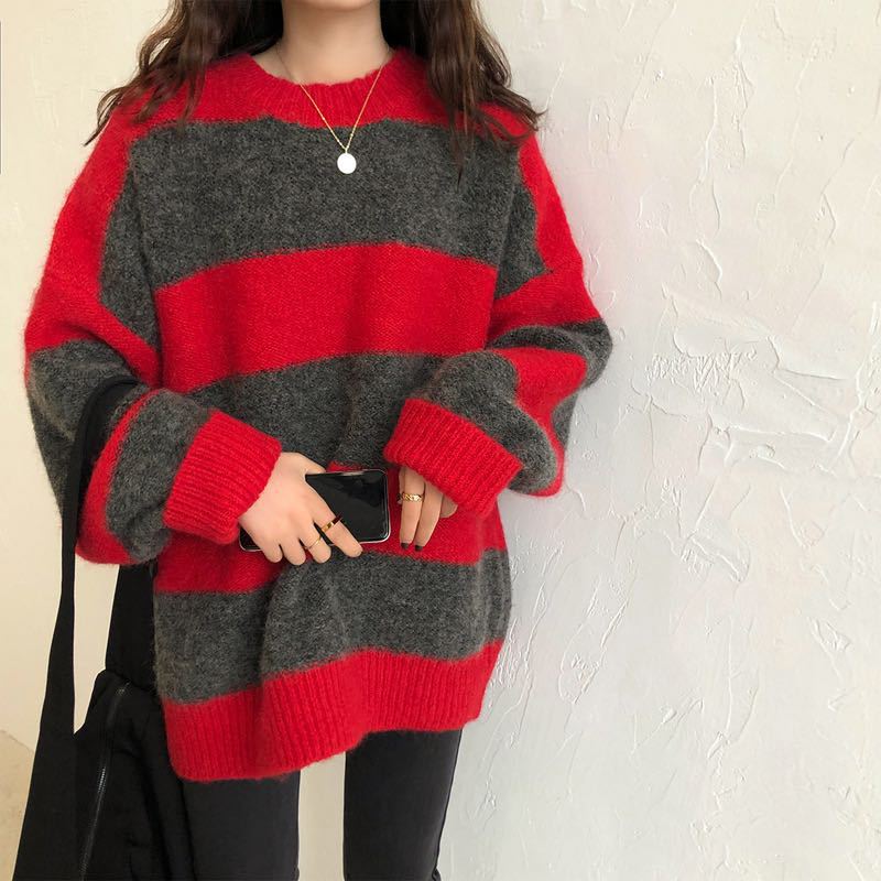 sweater Women's Knitwear Autumn and Winter New Lazy Style Contrast Color Striped Loose round Neck Long Sleeve Sweater Early Autumn Top