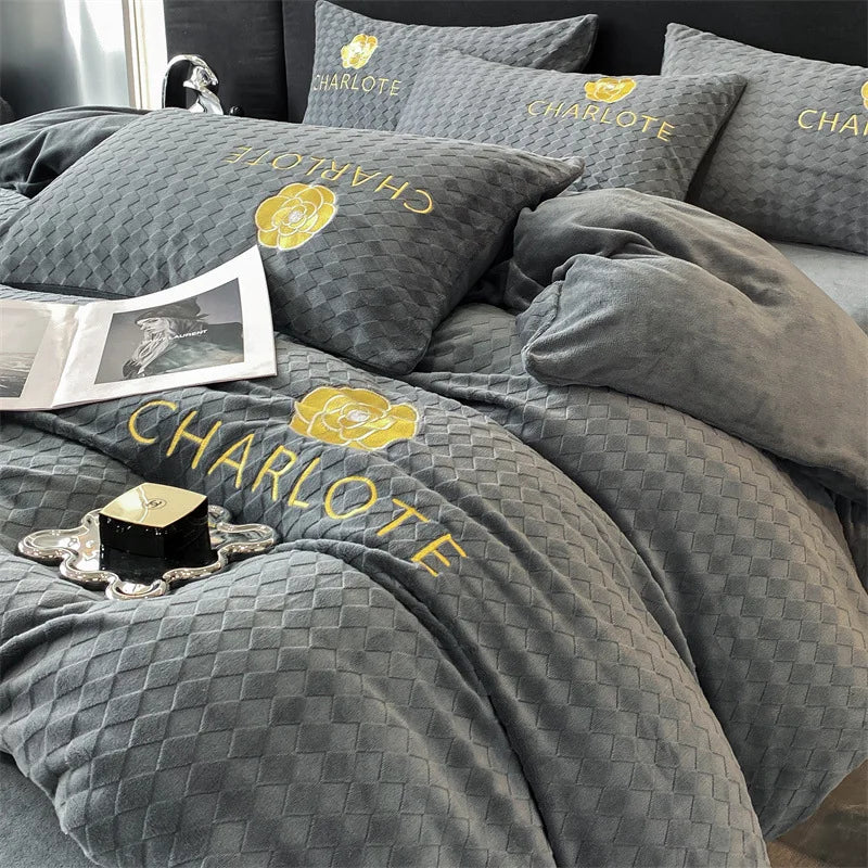 JazzHer Thickened milk plush four piece bed set for winter light luxury high-end bedding, suede sheets, and duvet covers