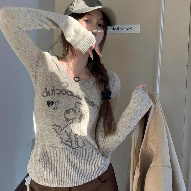 JazzHer Kawaii Print Pullover Sweater Women Korean Harajuku Long Sleeve V Neck Knit Jumpers Vintage Y2K Slim Female Tops Autumn Winter