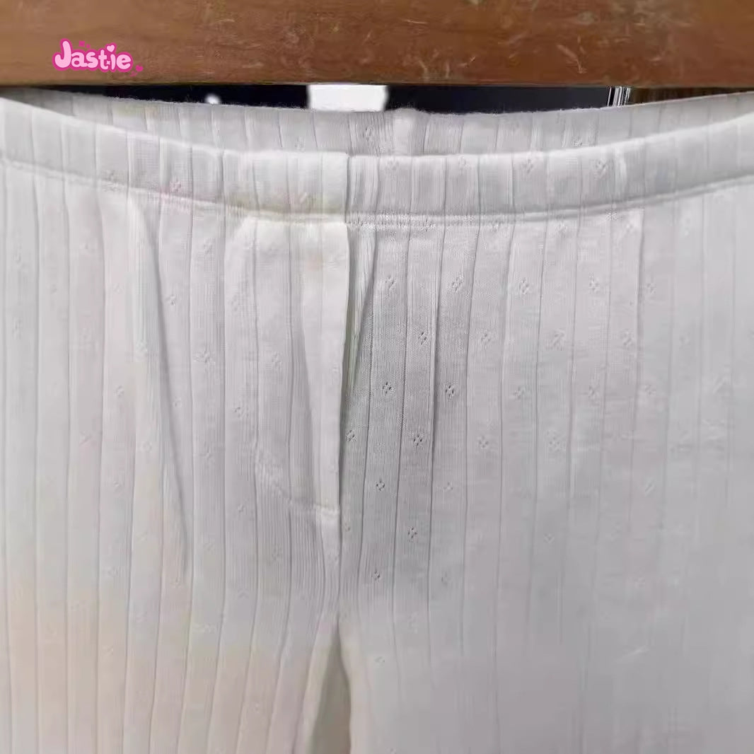 JazzHer New White Eyelets Homwear Women Toruser Cotton Elastic Waist Casual Straight Pant For Women With Hollow Versatile Female Clothes