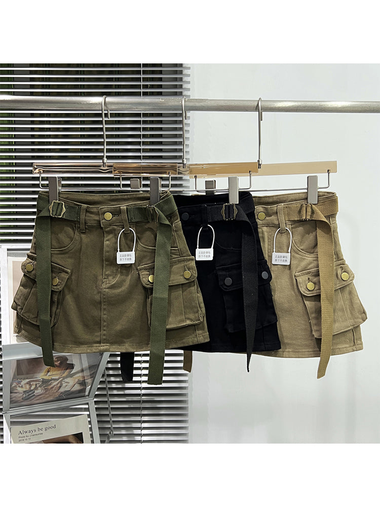 christmas outfit JazzHer Women Denim Cargo A-line Skirt Vintage Y2k Khaki Skirt Harajuku Korean Streetwear Fashion A-line Skirts Emo 2000s Trashy Clothes