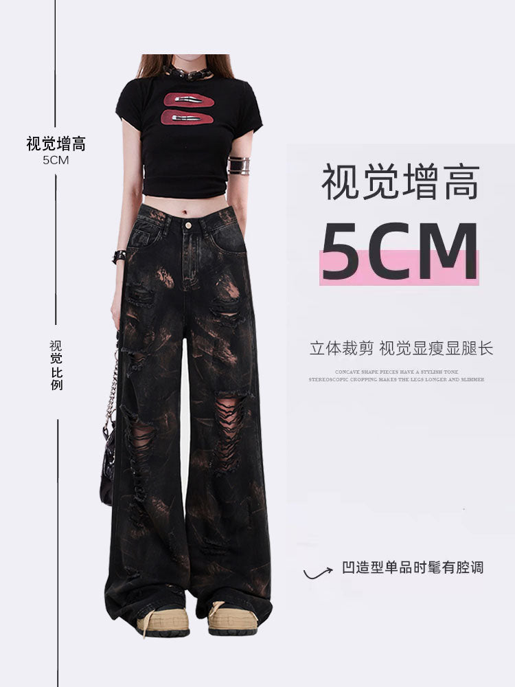 christmas outfit JazzHer Women's Black Gothic Y2k Ripped Jeans Baggy Harajuku Denim Trousers Vintage Emo Jean Pants Japanese 2000s Style Trashy Clothes