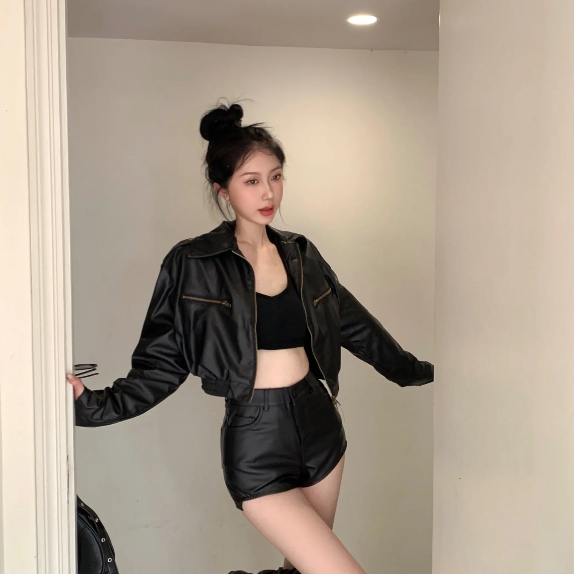 cold weather outfits JazzHer New BlackCropped Motorcycle PU Leather Short Jacket With High-Waisted Hip Covering Irregular Shorts Suit For Men