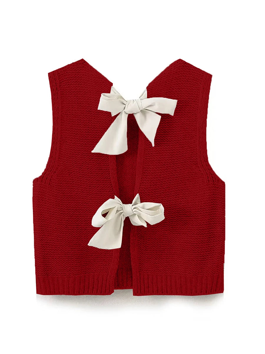 thanksgiving outfit JazzHer New Fashion Women Fall Knit Waistcoat Bow Tie Back Sweater Vest Slim Fit Tank Tops Streetwear Hot Sale S M L