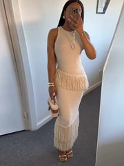 JazzHer Elegant Tassel Skirt 2 Piece Set Women Irregular  O-neck Sleeveless Vest High Waist Wrap Hip Skirts 2024 Summer Lady Chic Outfit