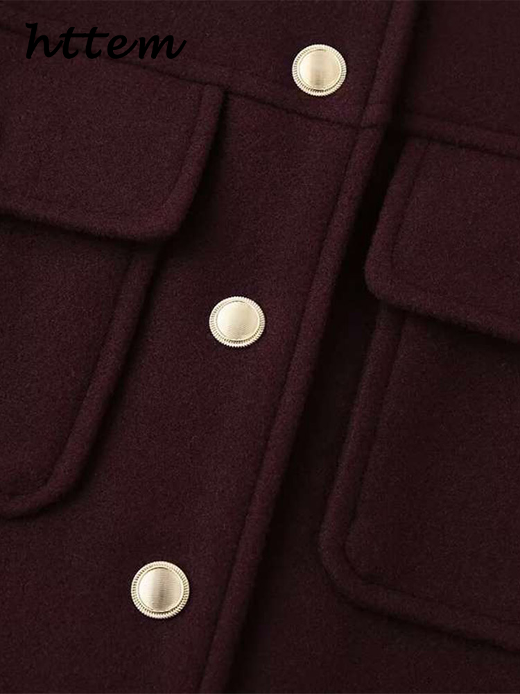 JazzHer Elegant Women's Burgundy Jacket Vintage Stand Collar Single Breasted Full Sleeve Pocket Coat 2024 Autumn Lady Office Outwear New