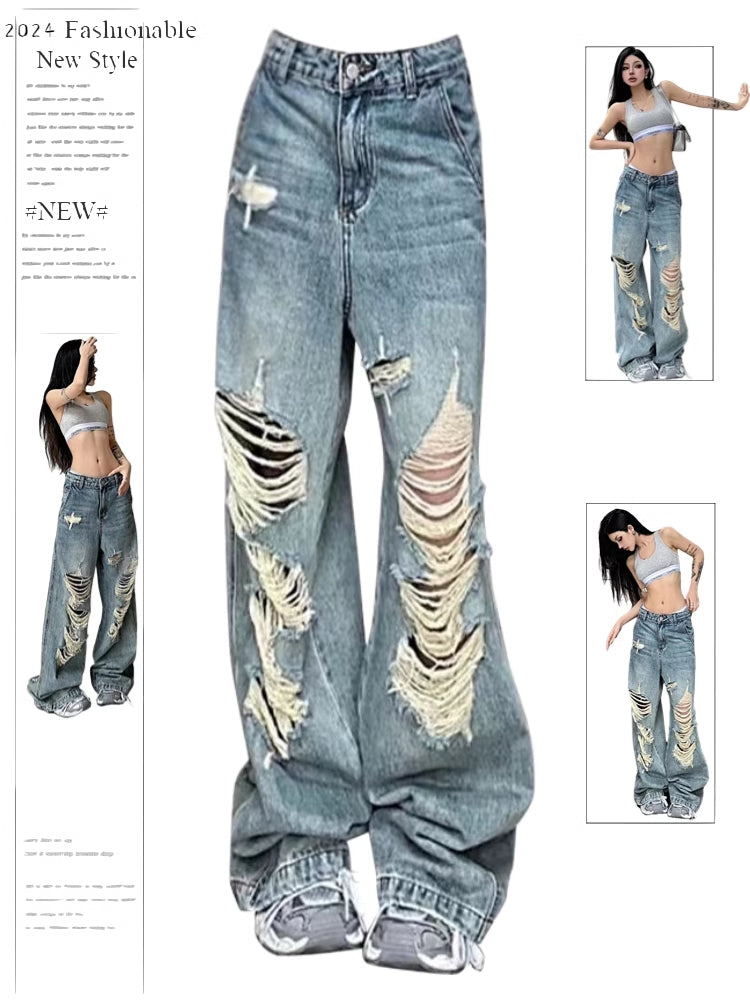 christmas outfit JazzHer Women's Y2k Ripped Jeans Baggy Harajuku 2000s Trashy 90s Aesthetic Denim Trousers Streetwear Oversize Jean Pants Vintage Clothes