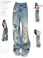 christmas outfit JazzHer Women's Y2k Ripped Jeans Baggy Harajuku 2000s Trashy 90s Aesthetic Denim Trousers Streetwear Oversize Jean Pants Vintage Clothes