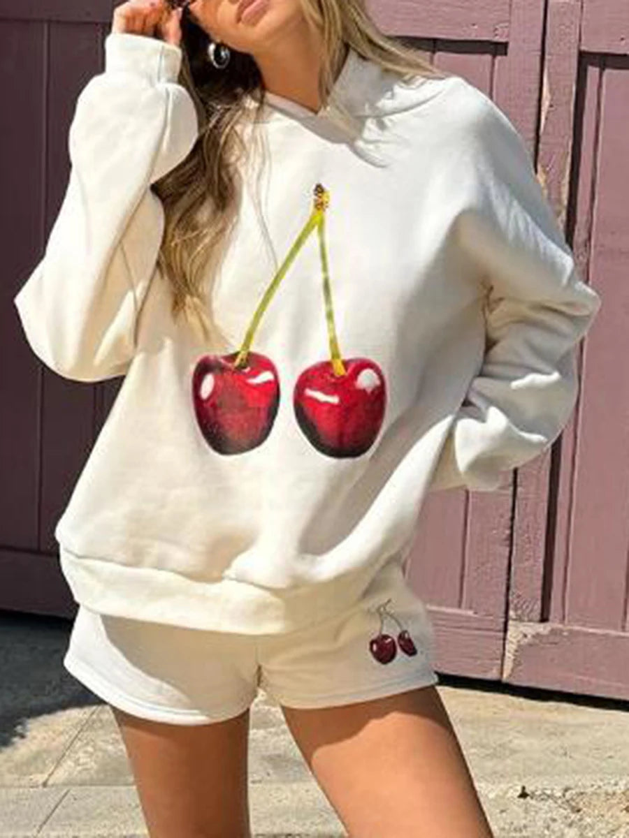 thanksgiving outfit JazzHer New Fashion Women Hoodie Long Sleeve Cherry Print Hooded Sweatshirt Pullover Fall Casual Tops Club Street Style S M L