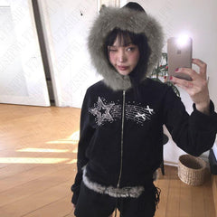 JazzHer Y2K Long Sleeve Plush Jackets Coat Chic Rhinestones Graphics Women Zip Hoodies Vintage Rock Punk Loose Casual Fashion Sweatshirt