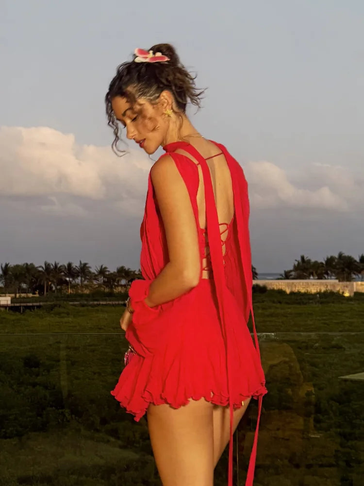 JazzHer Elegant Ruffles Hem Red Mini Dress Women Fashion Lace Up Flare Long Sleeve A-line Dresses Summer Lady Party Gowns Holiday 2025