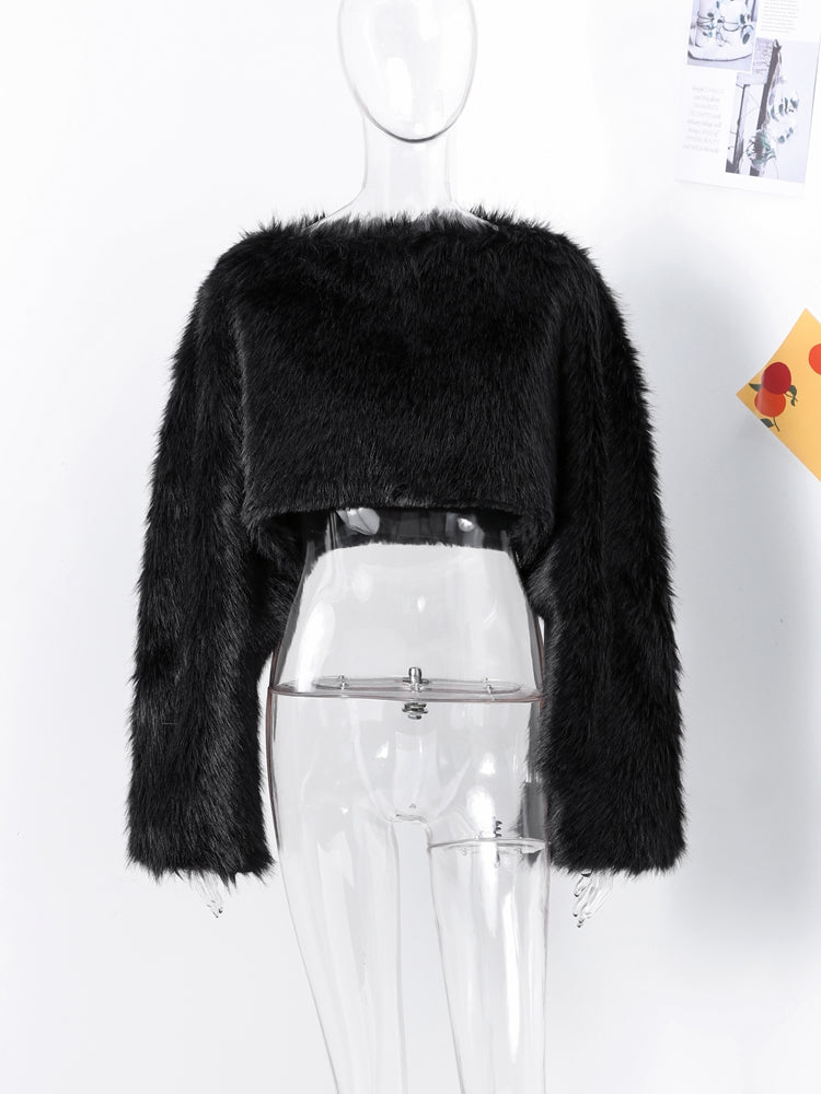 thanksgiving outfit JazzHer Casual Faux Fur Crop Tops Women Loose O-neck Long Lantern Sleeves Short Coats Female 2024 Autumn Winter Thick Warm Outwear Lady