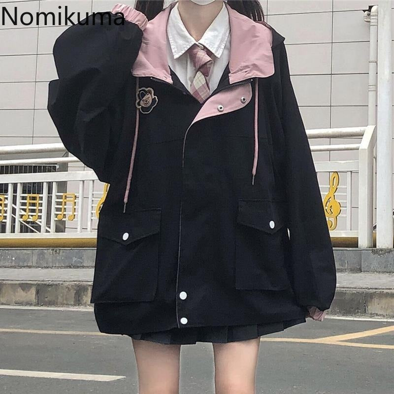 JazzHer Streetwear Oversized Jackets for Women 2025 Ropa Mujer Fashion Japanese Outwear Y2k Tops Hooded Casual Black Coat Preppy Style