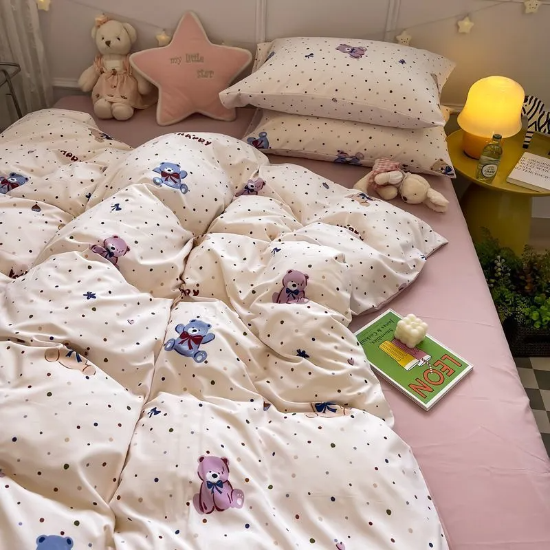 JazzHer Cute Bedding Set Kawaii Cartoon Boys Girls Ins Duvet Cover with Zipper No Filler Flat Sheet Pillowcase Queen Size Bed Linens