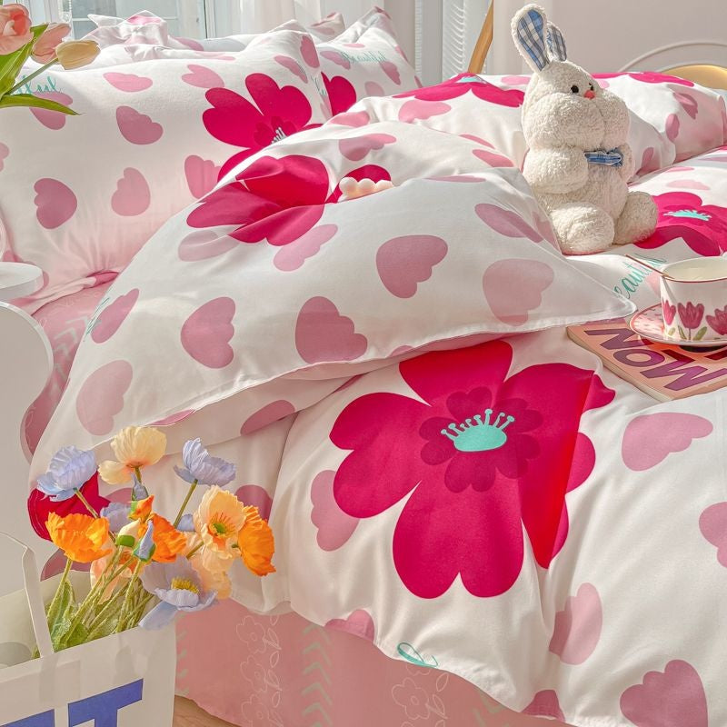 JazzHer Ins Pink Rose Bedding Set Polyester Bed Sheet Pillowcase Quilt Cover Full Twin Queen Size Bed Linen Girls Floral Duvet Cover