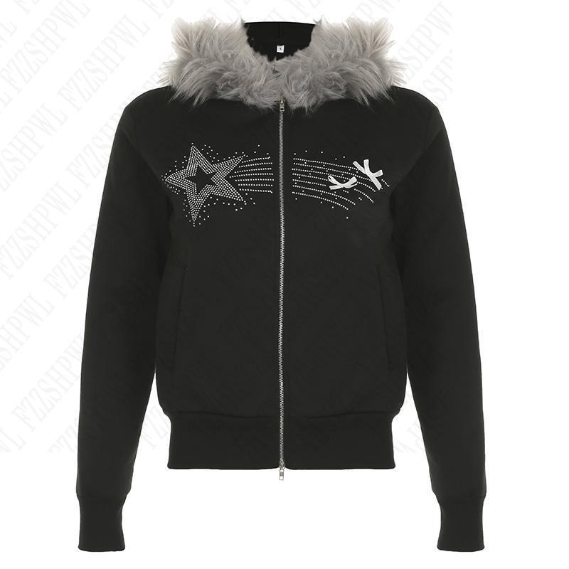 JazzHer Y2K Long Sleeve Plush Jackets Coat Chic Rhinestones Graphics Women Zip Hoodies Vintage Rock Punk Loose Casual Fashion Sweatshirt