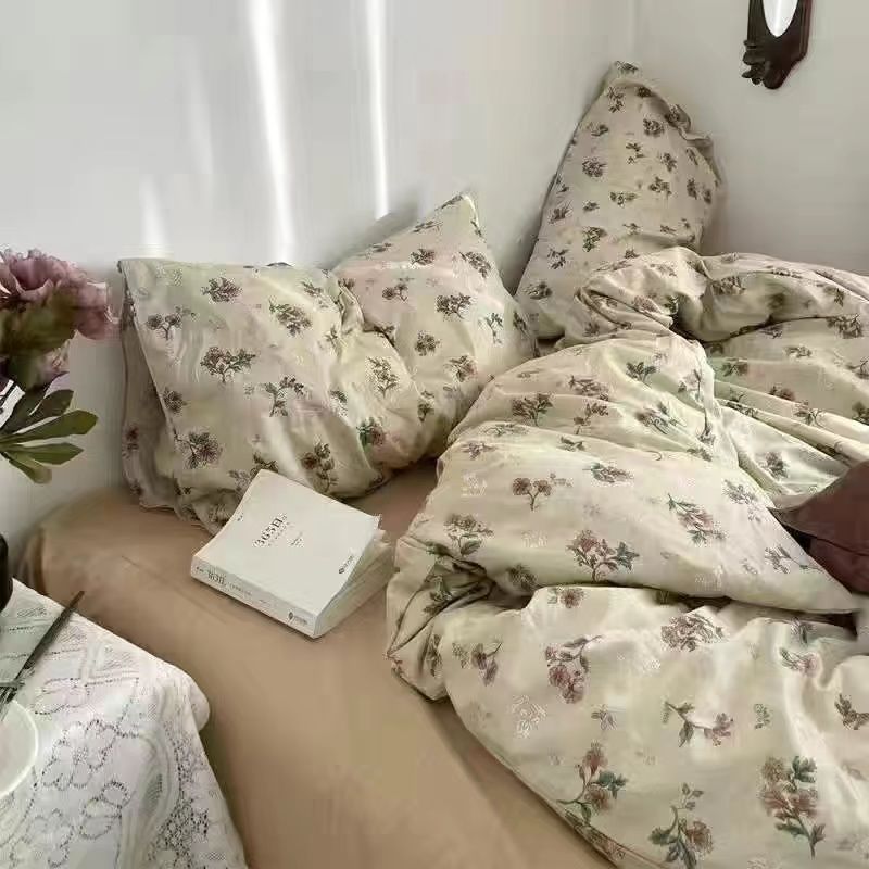 JazzHer Floral Korean Style Duvet Cover Set No Filler Pillowcase Flat Sheet Twin Queen Size Boys Grils Romantic Bedding Kit