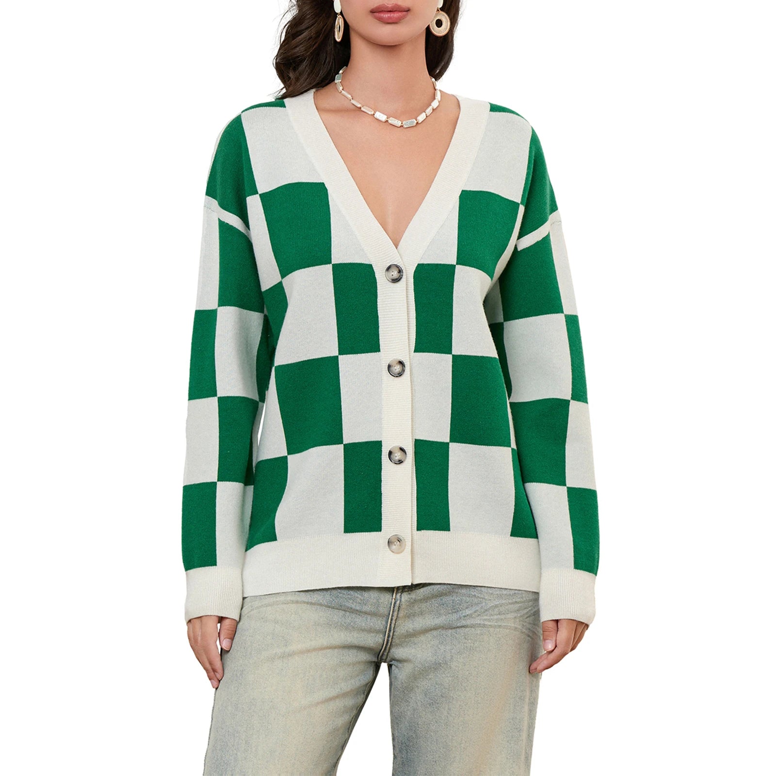 thanksgiving outfit JazzHer Women's Autumn Winter Knit Cardigan Long Sleeve V Neck Checkerboard Print Knitwear Sweater