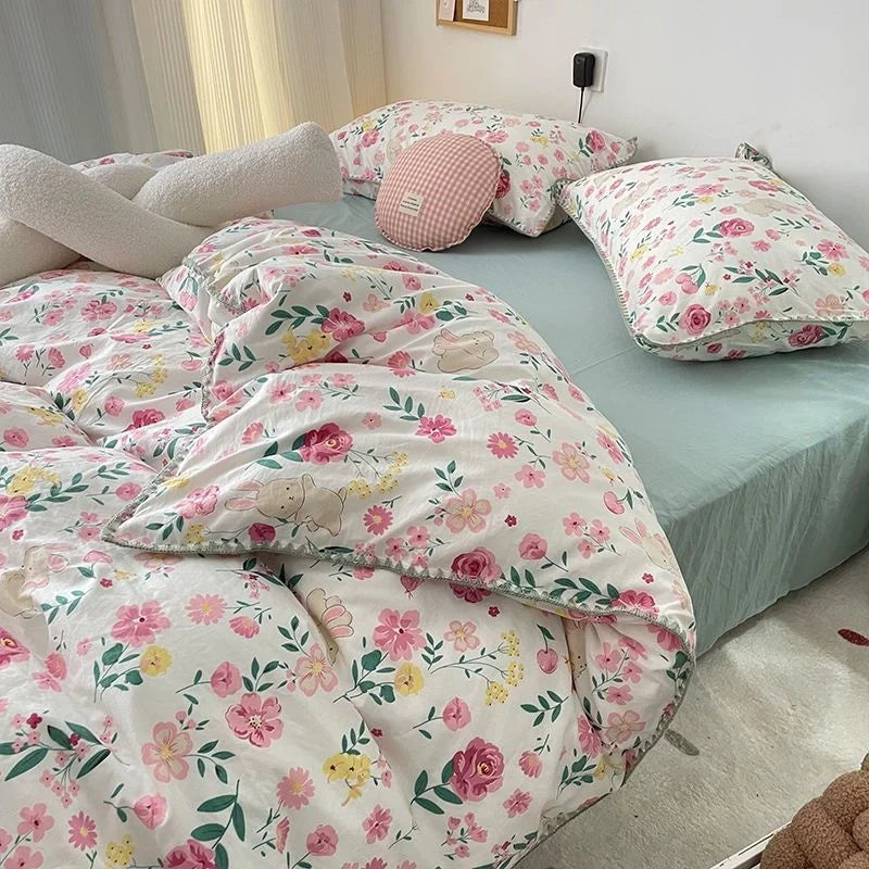 JazzHer Bedding Set  Girls Cherry  Soft Washed Cotton Bed Sheet Queen King Size Duvet Set  Comforter Set Pillowcase Bed Linens