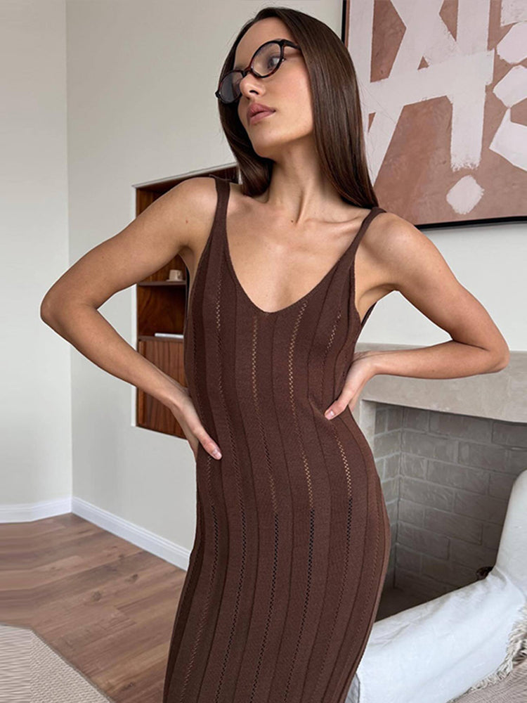 JazzHer Elegant Knit Ribbed Spaghetti Strap Long Dress Women Sexy V-neck Sleeveless Backless Dresses 2024 Summer Lady Holiday Beach Robe