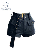 christmas outfit JazzHer Vintage Women's Denim Shorts Hight Waisted Y2k Casual Jeans Cargo Pants Gothic Black Hot Short Jeans With Belt 2025 Summer New