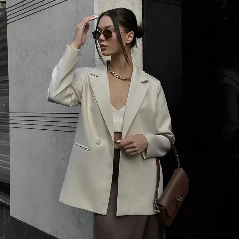 JazzHer Elegant Solid Women's Suit Coat Loose Lapel Long Sleeve One Button Shoulder Pads Female Jackets 2024 Autumn Lady Commute Outwear