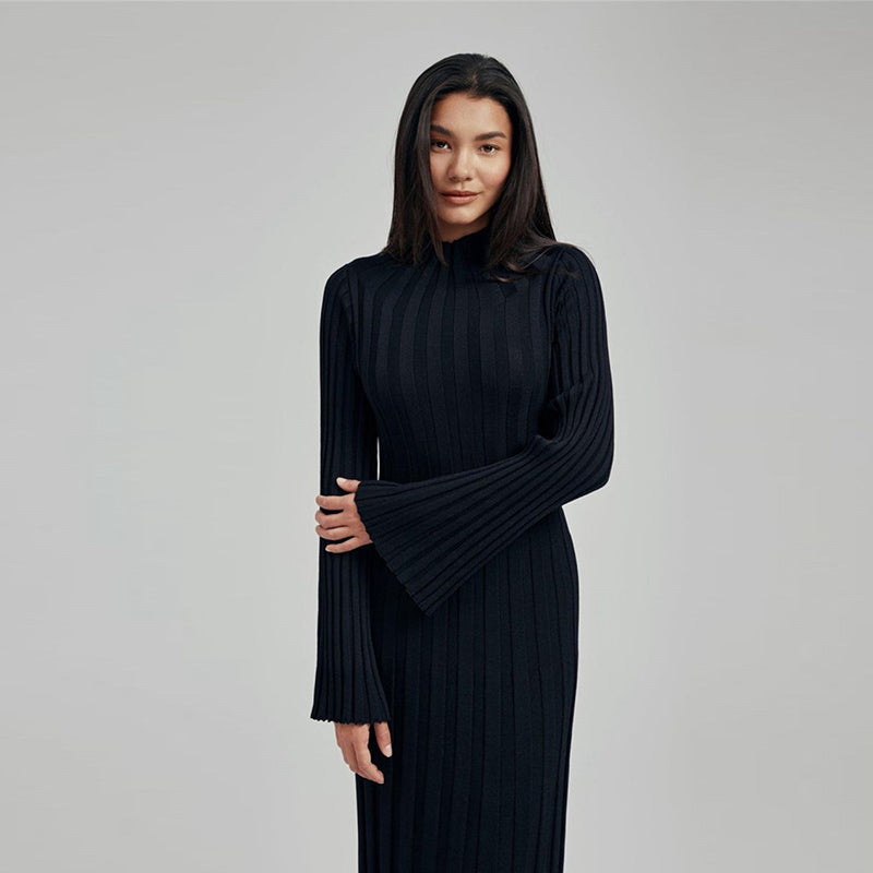 JazzHer Elegant Knit Ribbed Long Dress Women Solid Half High Collar Flare Sleeve Pleated Party Dresses 2024 Autumn Lady Straight Gown