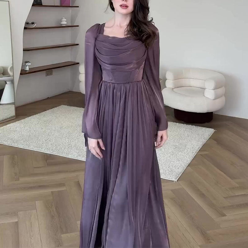 JazzHer Elegant Glitter Satin Pleated Long Dress Women Square Collar Full Sleeve Pleated Party Dresses 2025 Spring Fashion New Lady Robe