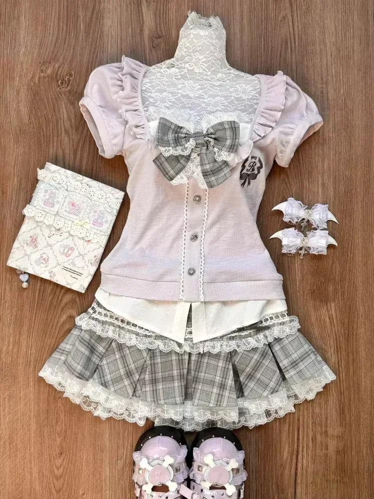 JazzHer Japanese Sweet Preppy Style 2 Piece Set Women Kawaii Lace Patchwork Bow Tops + Y2k Plaid Mini Skirt Elegant Fashion Outifits New