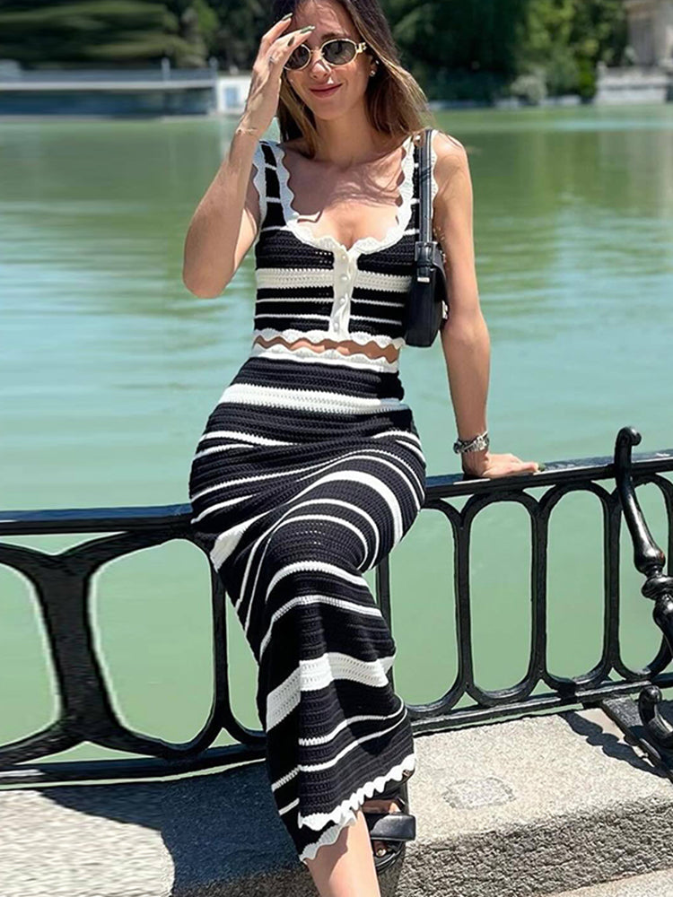 JazzHer Fashion Striped Vest Skirt Sets Sexy V-neck Single Breasted Crop Vests Slim High Waist Skirts 2024 Summer Lady Elegant Outfits