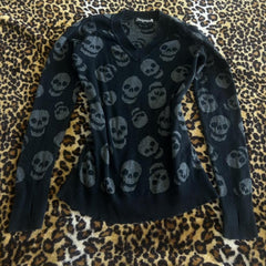 JazzHer Y2K Black skull print fashion knit sweater Cool Girls casual crew neck warm slim jumper comfortable soft autumn and winter EMO