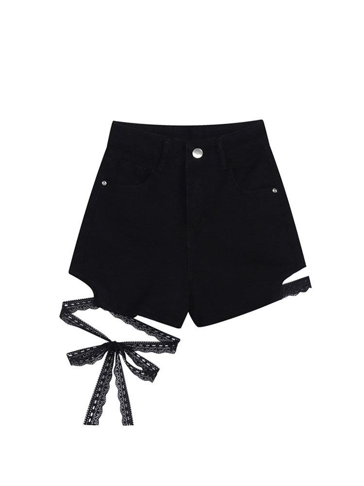 christmas outfit JazzHer Sexy Slim Summer Women Denim Shorts 2025 New Gothic Black High Waist Short Jeans Y2K Streetwear Female Lace Up Bandage Hot Pants