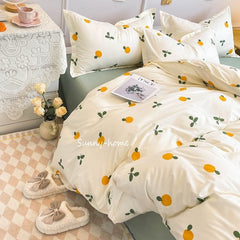 JazzHer Ins Style Duvet Cover Set with Flat Sheet Pillowcases Cute Orange Cherry Crow Printed Single Double Queen Size Girls Bedding Kit