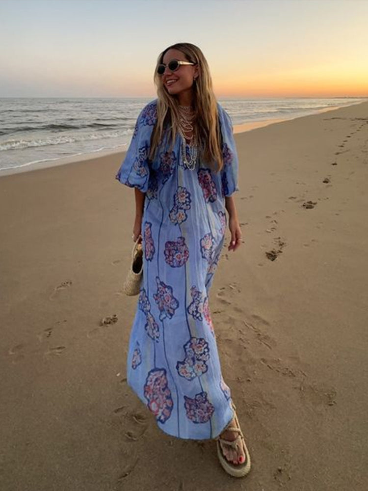 JazzHer Loose Striped Print linen Maxi Dress Women Fashion V-neck Lantern Sleeve Female Holiday Dresses 2024 Summer Lady Beach Robes New