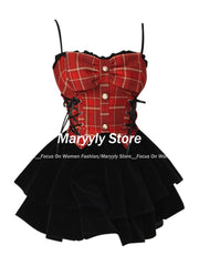 JazzHer Autumn New Y2k 2000s Aesthetic Vintage Evening Suit Women Outfits 2 Piece Set Long Sleeve T-Shirts + Mini Plaid Patchwork Dress