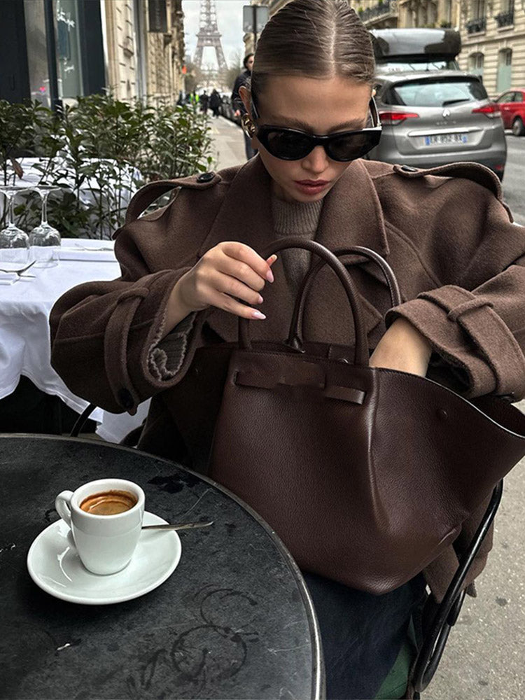 JazzHer Vintage Women's Solid Lapel Woolen Cropped Coat Fashion Belted Double Breasted Full Sleeve Jackets Female Autumn Commute Outwear