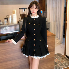 JazzHer French Plaid Dresses Women Autumn Winter New Ruffles O Neck Single Breasted Pleated Dress Korean Slim Elegant Vintage Vestidos