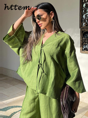 JazzHer Casual Loose 2 Pieces Sets Women 2024 Summer V-neck Lace Up Long Sleeve Blouses Wide Leg Trousers Vintage Green Lady Pants Suit