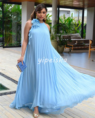 JazzHer Customized Sizes Available Chiffon Draped Handmade Flower Tassel A-line High Collar Long Dresses Bespoke Occasion Dresses (PRE-ORDER)