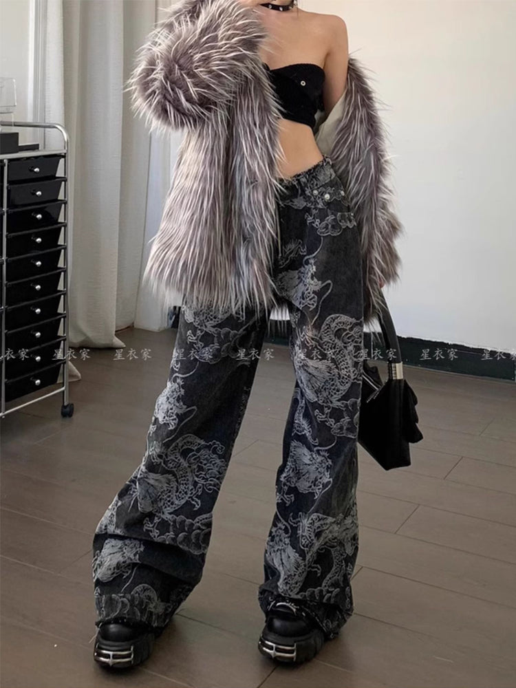 christmas outfit JazzHer Women Black Gothic Dragon Print Jeans Baggy Vintage Aesthetic Cowboy Pants Harajuku Denim Trousers Y2k Trashy 2000s Clothes 2025