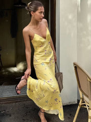 JazzHer Sexy Print Sling Long Dress Women Slim V-neck Sleeveless Backless Female Dresses 2024 Summer Elegant Lady Vacation Floral Robes