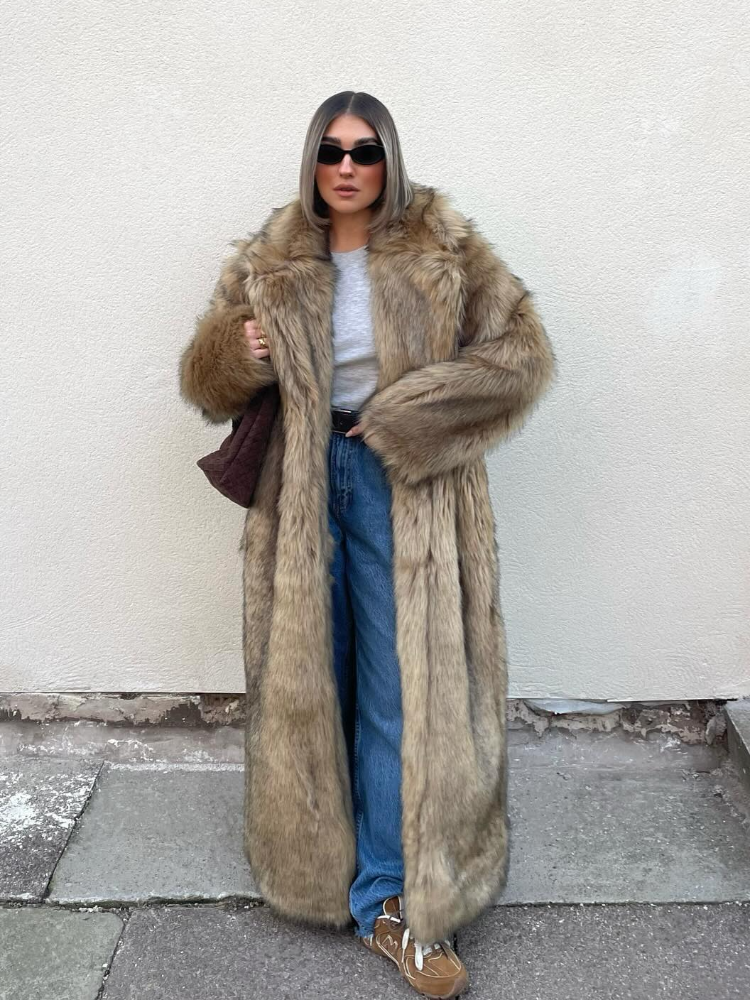 JazzHer Fashion Oversized Lapel Collar Faux Fur Long Coat For Women Chic Long Sleeve Thick Warm Fluffy Jacket 2025 Lady High Streetwear