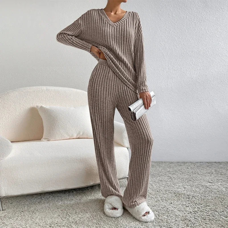 thanksgiving outfit JazzHer Casual Knitted Ribbed Pants Sets Women Solid Loose V Neck Long Sleeve Pullover Long Trousers 2024 Autumn New in Matching Outfits