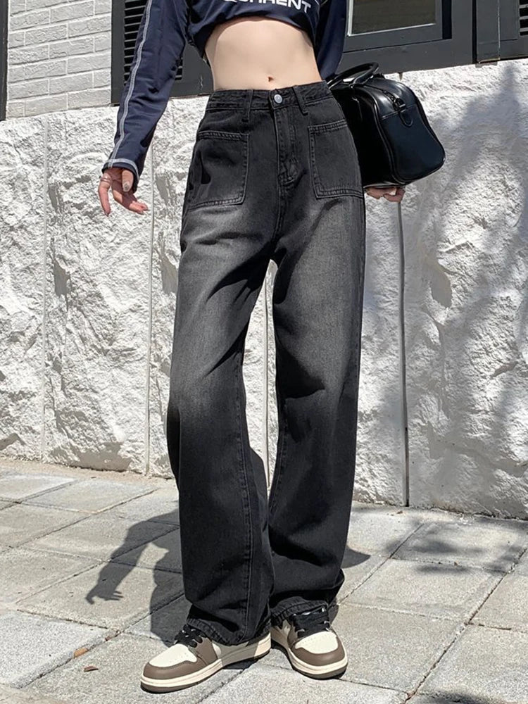 JazzHer Vintage Jeans Women Y2K High Street Loose High Waist Wide Leg Denim Pants Korean Casual Streetwear Straight Denim Trousers